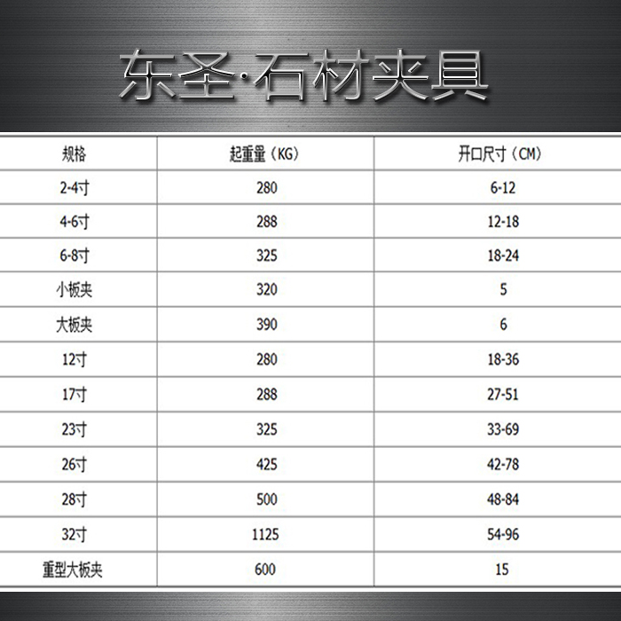石材夾具開口尺寸參數(shù)列表###石材吊裝夾具選購(gòu)是有竅門的，多數(shù)人不知道!--河北東圣吊索具制造有限公司--小型攪拌機(jī)|石材夾具|液壓堆高車|手動(dòng)叉車